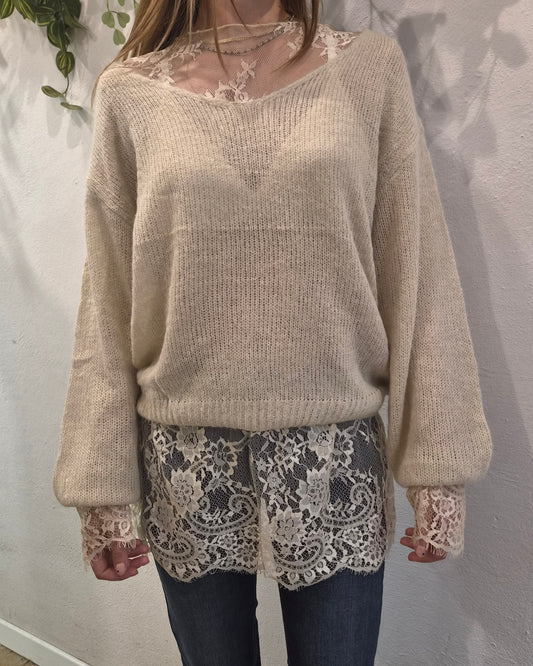 Susy Mix Maglia V + Pizzo Panna
